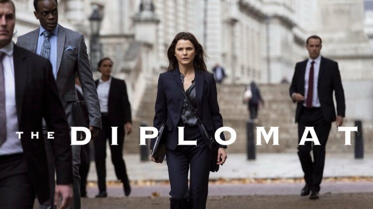 The Diplomat. (L to R) Ato Essandoh as Stuart Heyford, Keri Russell as Kate Wyler in episode 107 of The Diplomat. Cr. Alex Bailey/Netflix © 2023
